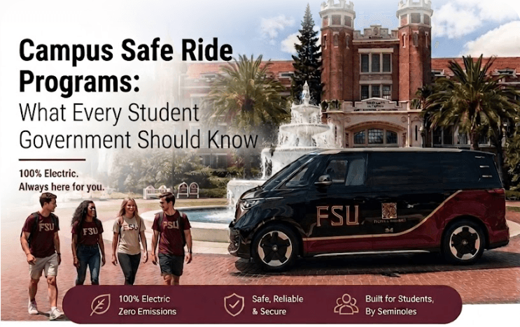 FSU Safe Ride electric shuttle in front of the Westcott Building with Florida State students walking by