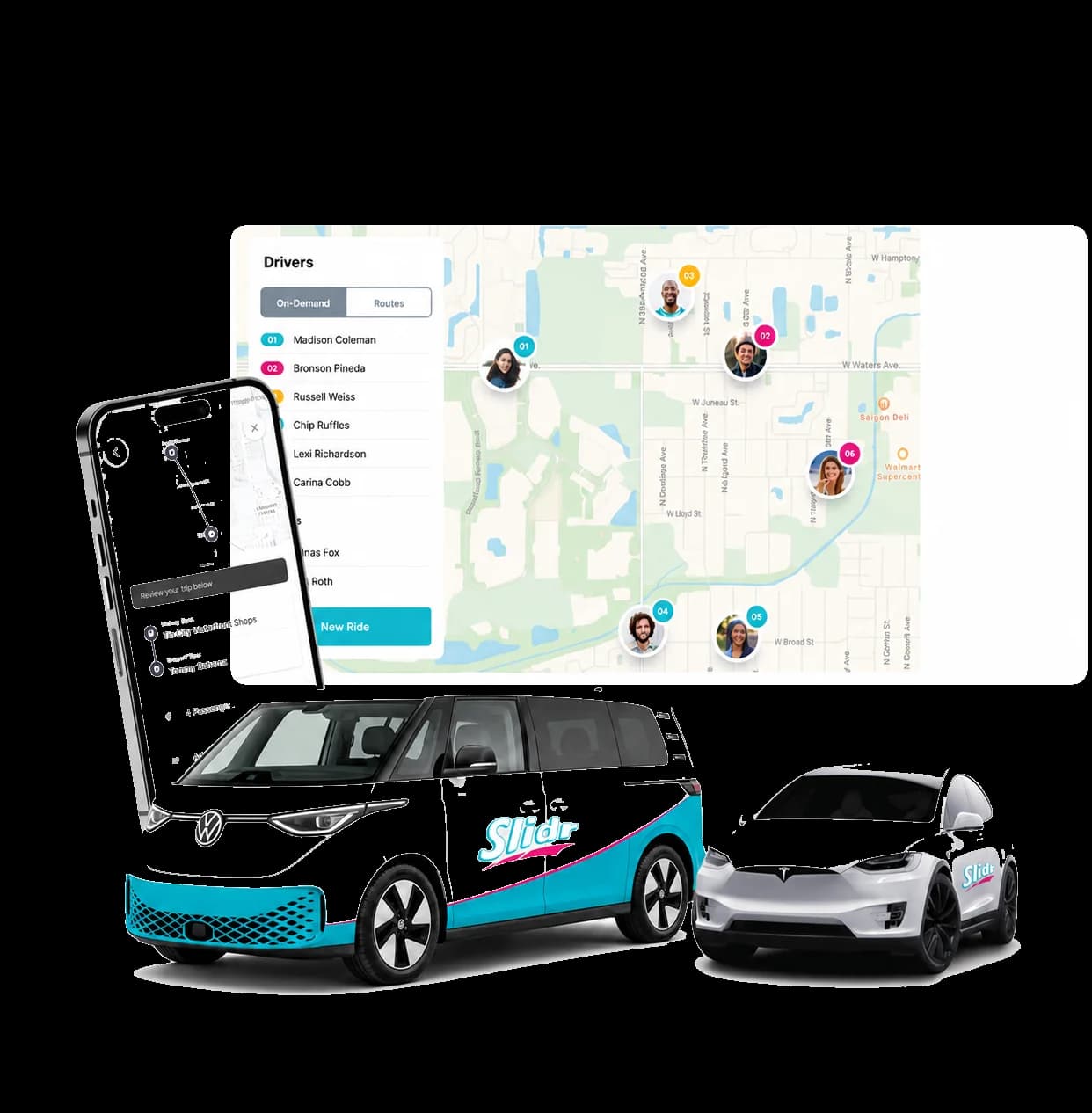 Slidr branded electric VW ID. Buzz and Tesla with the rider app and live driver map