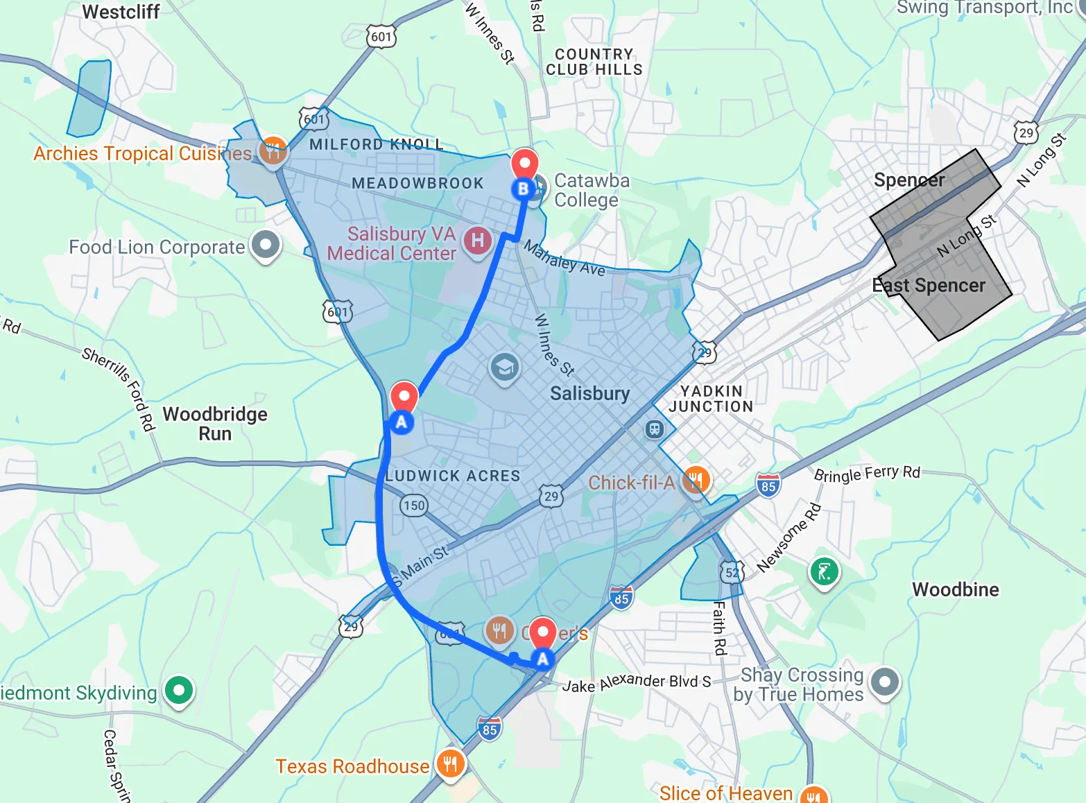 CatawbaGO service area map, campus and Salisbury NC