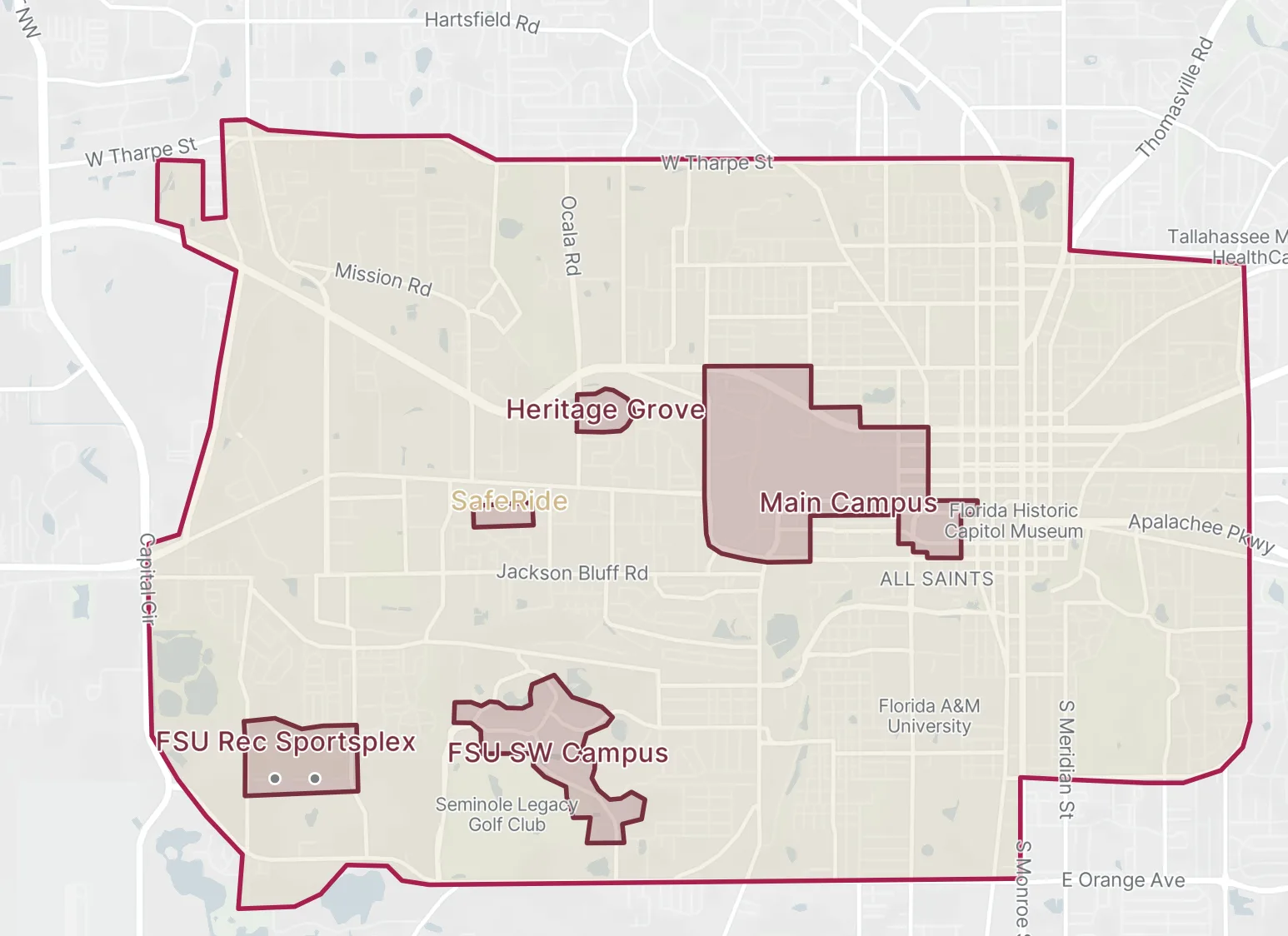 FSU Safe Ride service area map, Tallahassee
