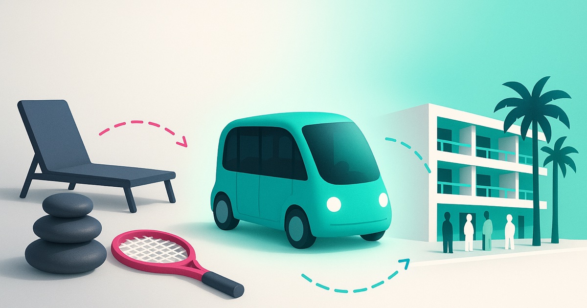 Illustration of hotel amenity objects such as a weight, a pool ring and a coffee cup on the left, and a teal electric shuttle waiting outside a hotel on the right.