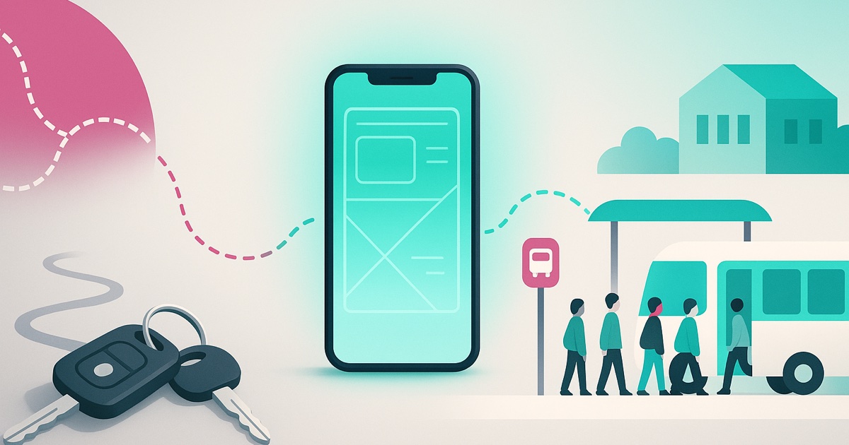 Illustration of scattered car keys and dark walking paths on the left, a teal smartphone in the middle, and students boarding a free campus shuttle on the right.