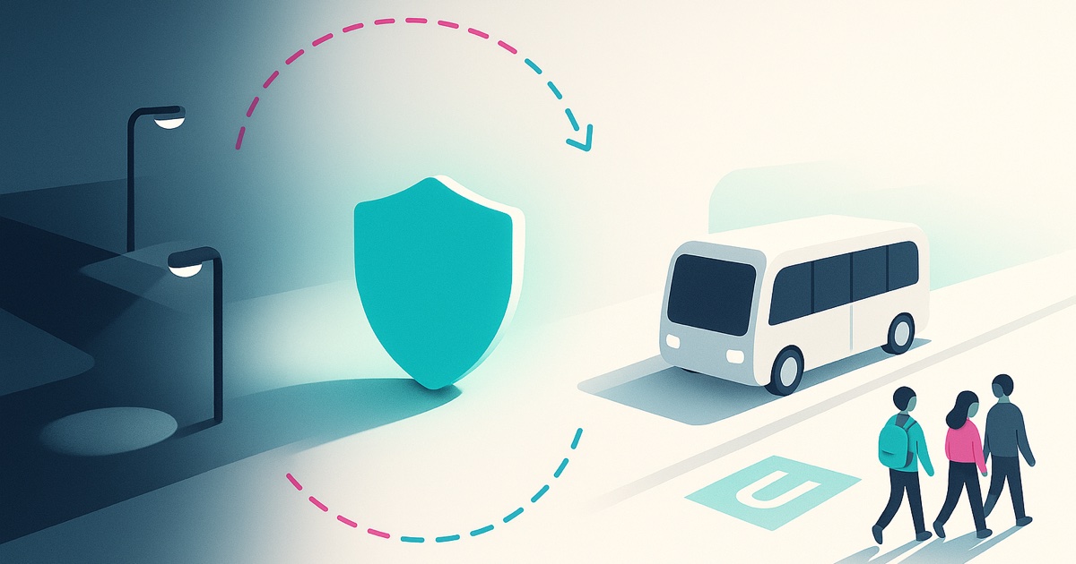 Illustration of a dark empty campus walkway on the left, a large teal shield in the middle, and a lit campus with a shuttle at a stop on the right.