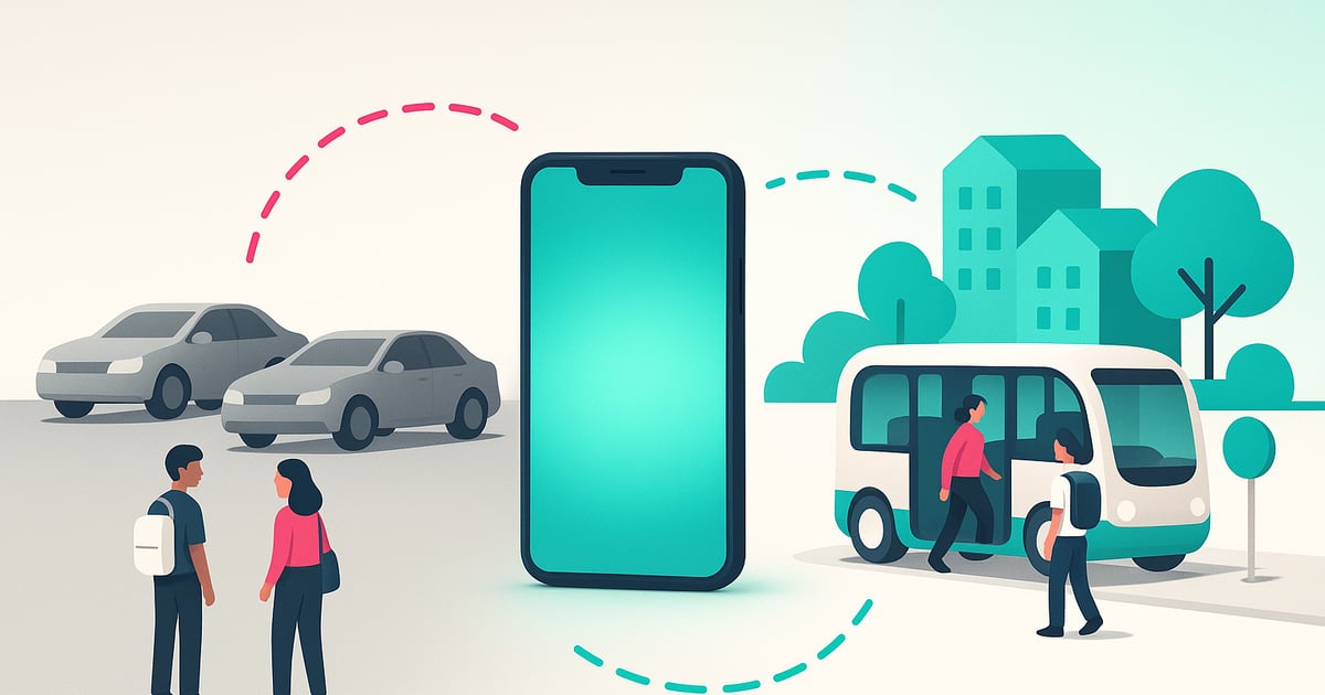 Illustration for CatawbaGO at Catawba College: What the Ridership Data Reveals: a muted gray scene on the left, a teal smartphone in the middle, and a bright scene with an electric shuttle at a stop on the right.