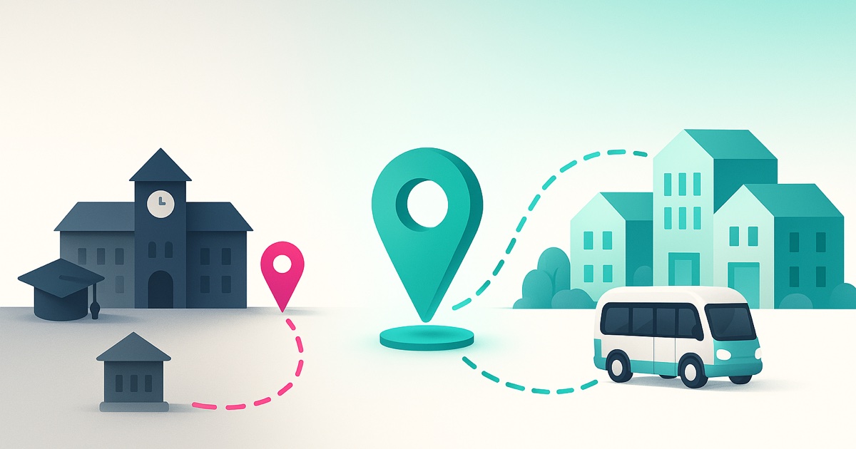 Illustration of a college and a town sitting apart on the left, joined on the right by a teal shuttle route running between campus buildings and shops.