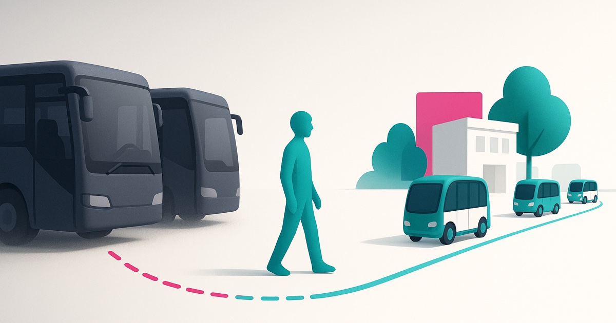 Illustration of idle full-size buses with empty driver seats on the left and small electric shuttles running a campus route on the right.