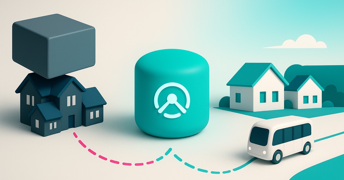 Illustration of a heavy gray weight pressing on a neighborhood on the left and a free shuttle circulating past homes on the right.
