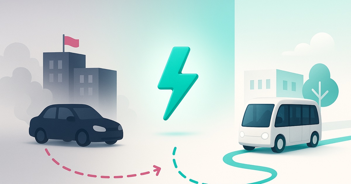 Illustration of a hazy campus with exhaust from idling cars on the left, a teal charging bolt in the middle, and a clear campus with an electric shuttle on the right.