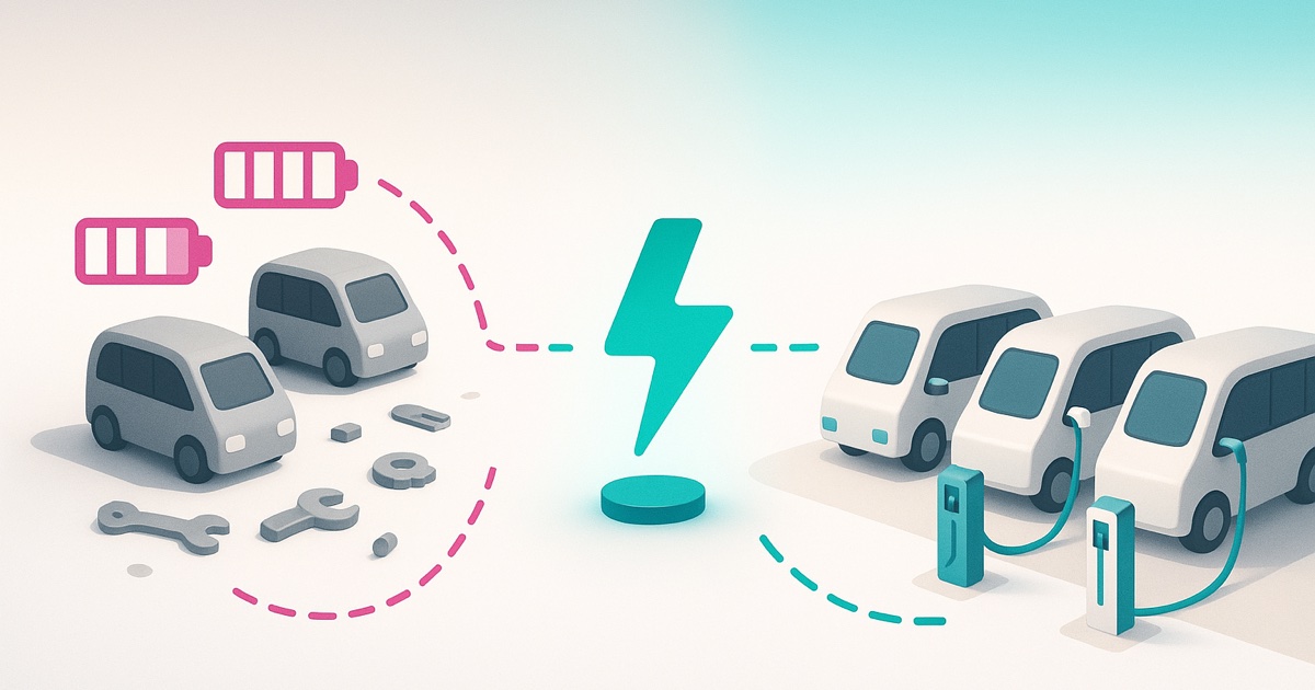 Illustration of worn shuttles with low batteries and scattered tools on the left and a tidy row of shuttles at charging posts on the right.