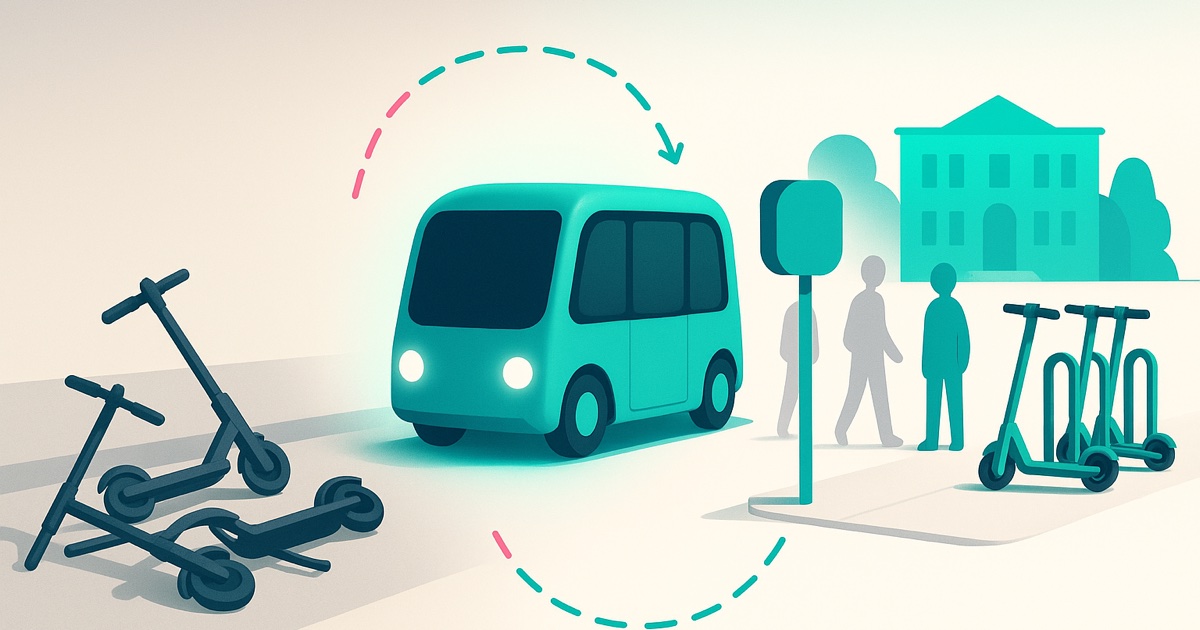 Illustration of dockless scooters tipped over across a campus path on the left and a teal shuttle at a marked stop beside a tidy scooter rack on the right.
