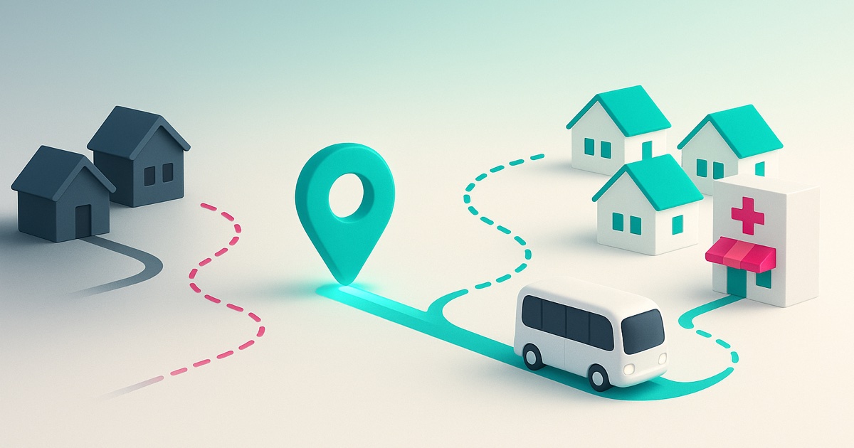 Illustration of isolated houses with a path that stops short on the left and a shuttle linking homes to a clinic on the right.