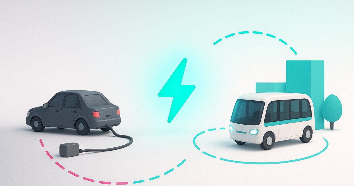 Illustration of a gray gas car trailing a fuel line on the left and a white and teal electric shuttle on a short city loop on the right.