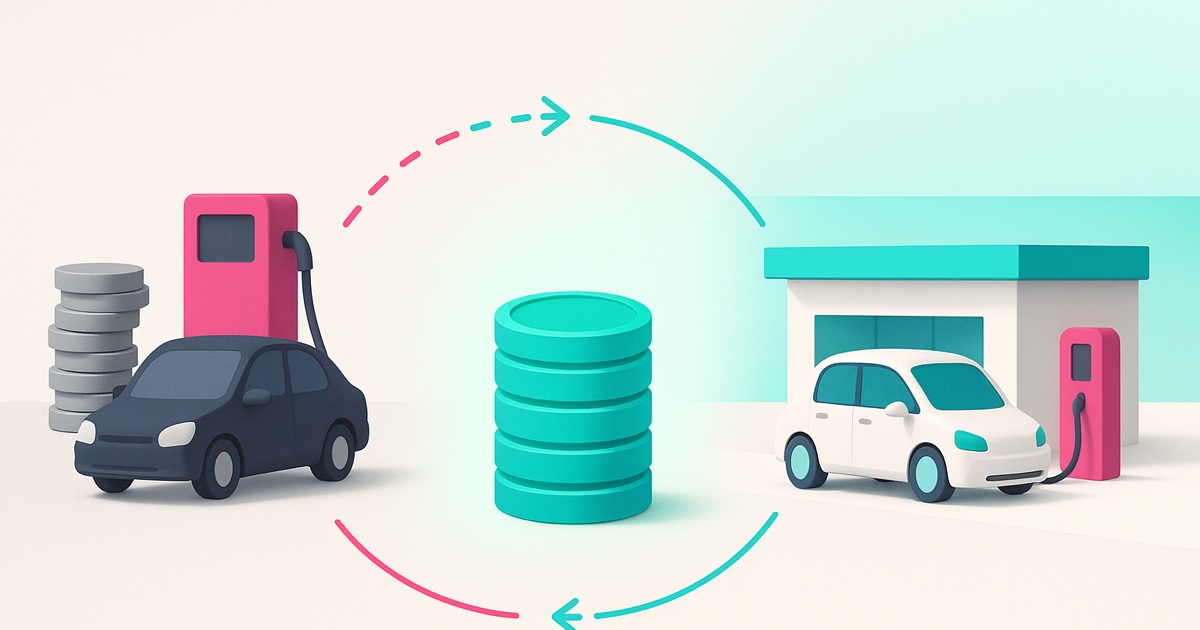 Illustration of a gas shuttle beside a fuel pump and gray coins on the left and an electric shuttle charging at a hotel on the right.
