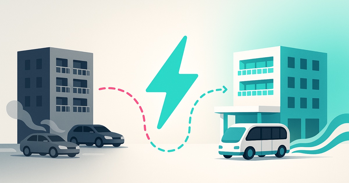 Illustration of a gray hotel trailed by exhaust from arriving cars on the left and a bright hotel with an electric shuttle at the door on the right.