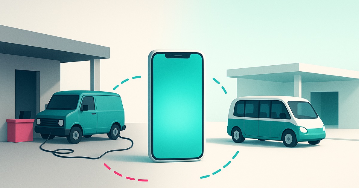 Illustration of an old boxy van tethered to a front desk on the left, a teal smartphone in the middle, and a modern electric shuttle at a hotel entrance on the right.