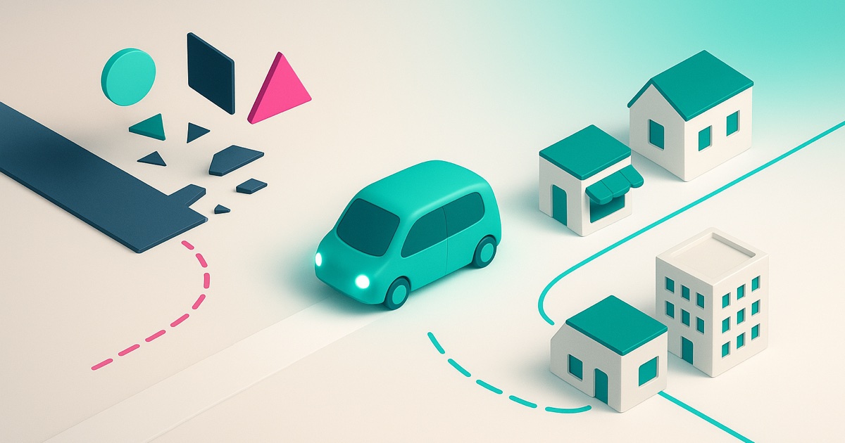 Illustration of a transit corridor ending in scattered fragments on the left and a teal shuttle connecting homes, shops and a campus on the right.