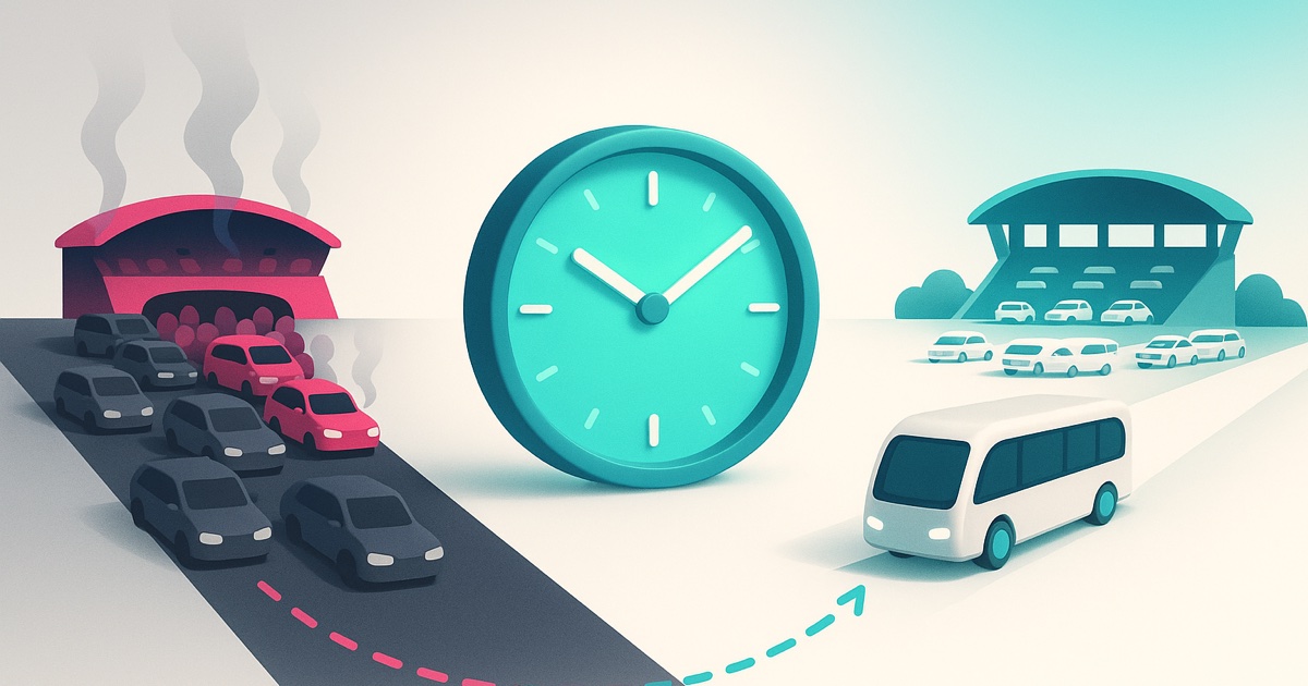 Illustration of gridlocked traffic outside a stadium on the left, a large teal clock in the middle, and shuttles clearing the crowd on the right.
