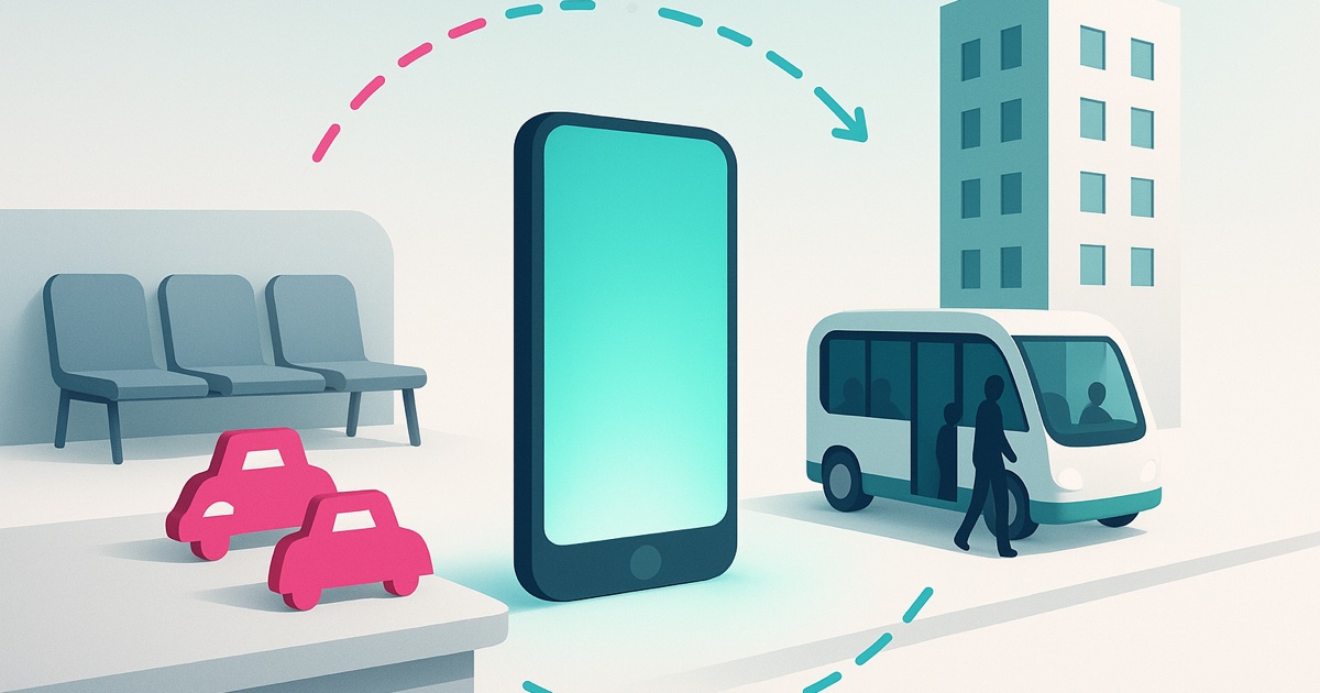 Illustration of a lobby of empty waiting chairs and taxi tags on the left, a teal smartphone in the middle, and guests boarding a shuttle at a hotel on the right.