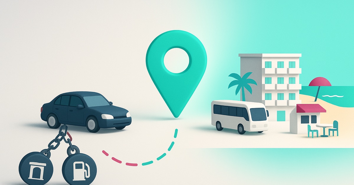 Illustration of a rental car chained to toll and fuel charges on the left and a shuttle serving a Gulf coast hotel and beach on the right.