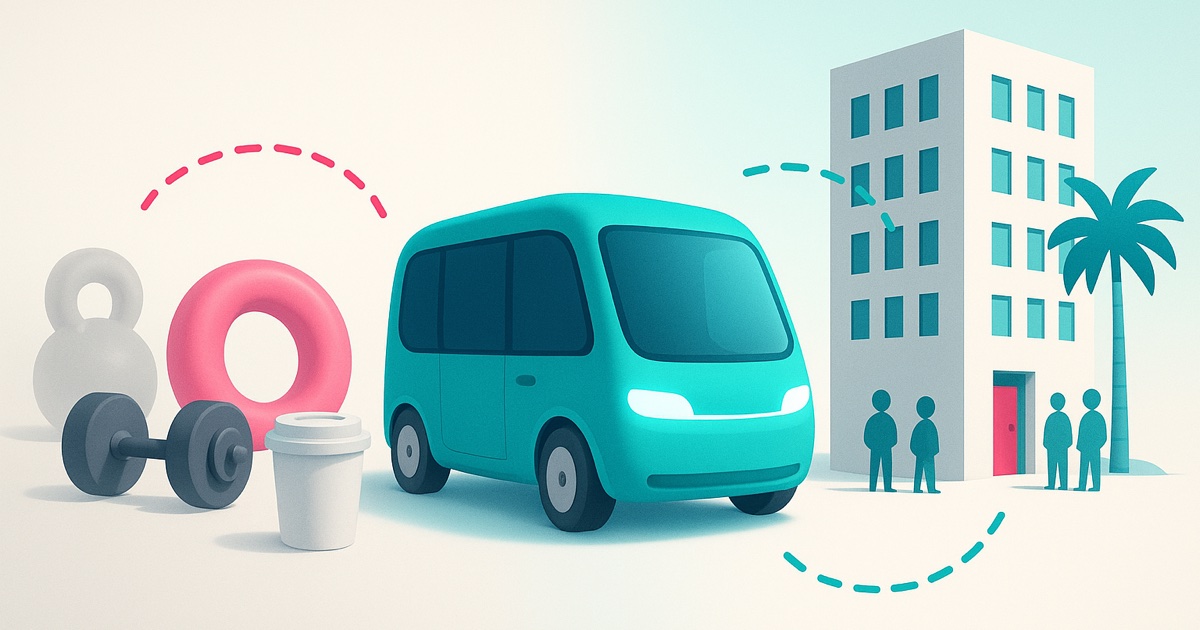 Illustration of gym and pool amenity objects on the left, a teal electric shuttle in the middle, and guests gathered outside a hotel on the right.
