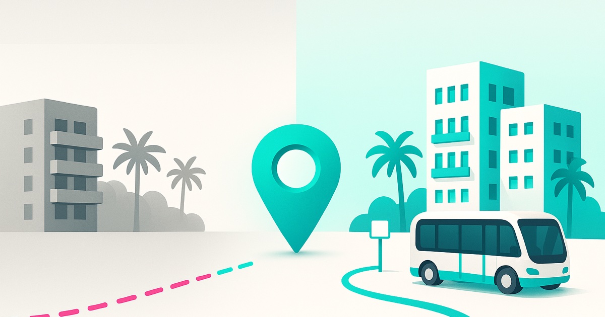 Illustration of identical gray resort buildings on the left and a bright resort with palms and a shuttle at a marked stop on the right.