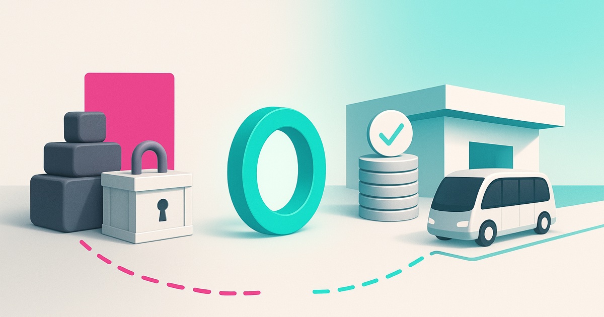 Illustration of gray weights and a locked box on the left and an approved stack of coins beside a campus shuttle on the right.