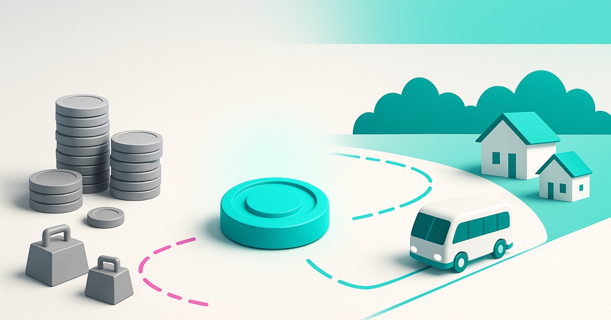 Illustration of scattered gray coin stacks and weights on the left and a funded shuttle running past homes and trees on the right.