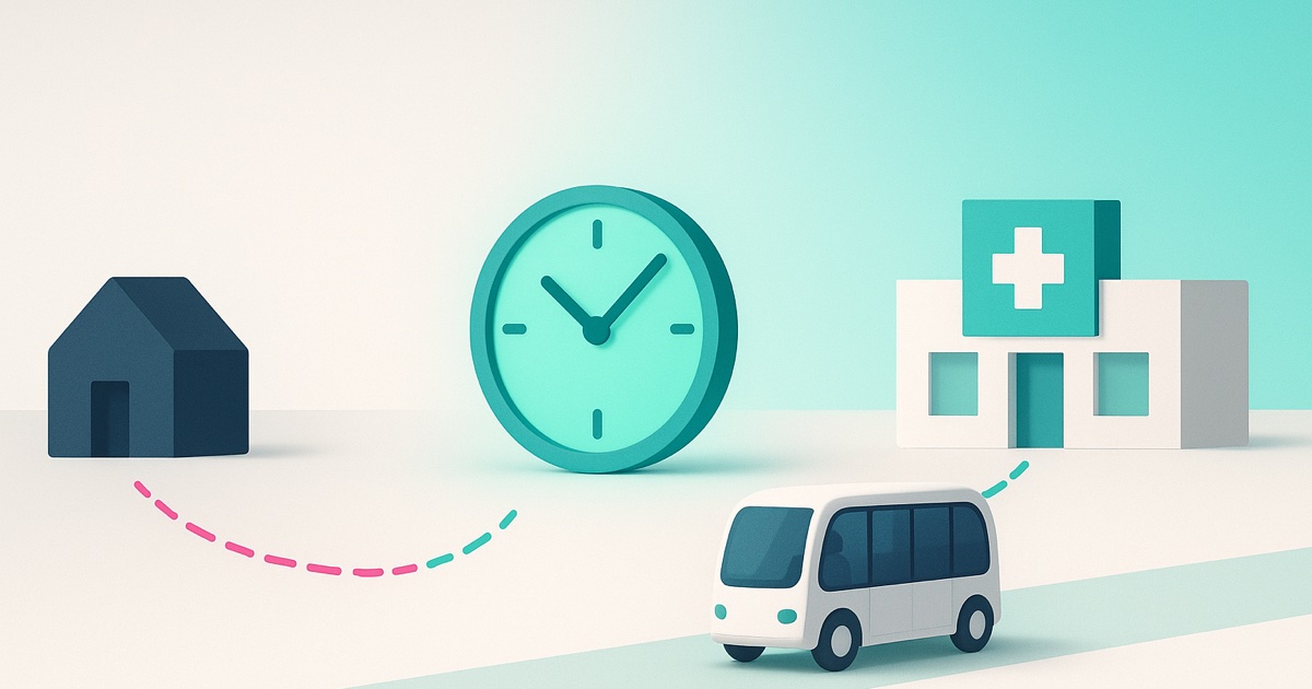 Illustration of a lone house cut off from its surroundings on the left, a teal clock in the middle, and a shuttle serving a clinic and market on the right.