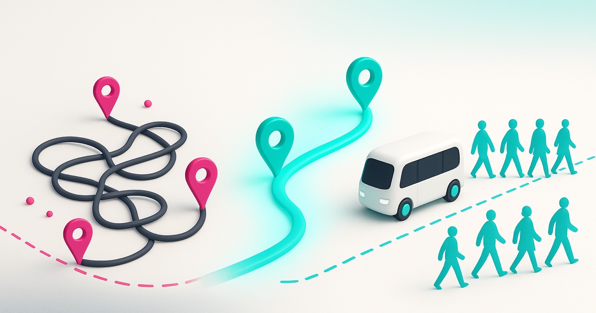 Illustration of a tangled route with few riders on the left and a clean teal route with a shuttle and a steady stream of riders on the right.