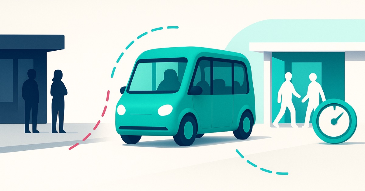 Illustration of guests standing apart at a gray hotel curb on the left and guests boarding a teal shuttle at a bright entrance on the right.