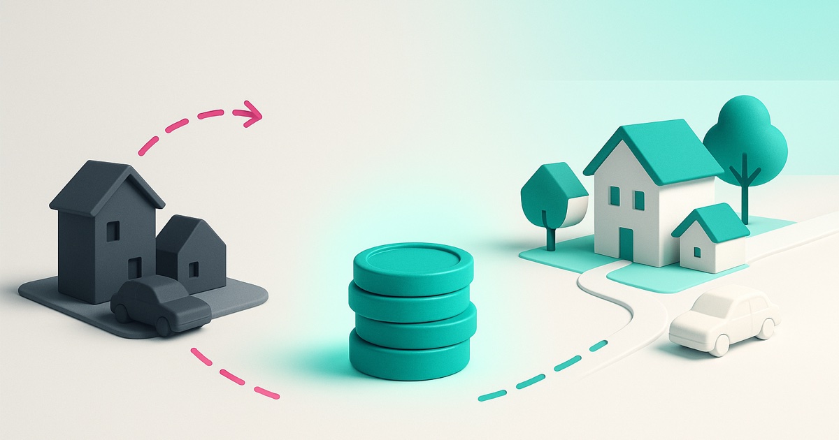 Illustration of dark houses on sunken ground on the left, a teal stack of coins in the middle, and bright homes on a shuttle route on the right.