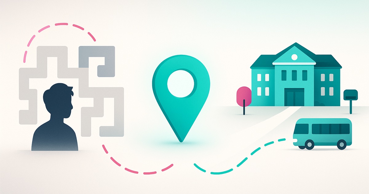 Illustration of a lone student inside a maze of campus paths on the left and a clear route to a campus building and shuttle stop on the right.