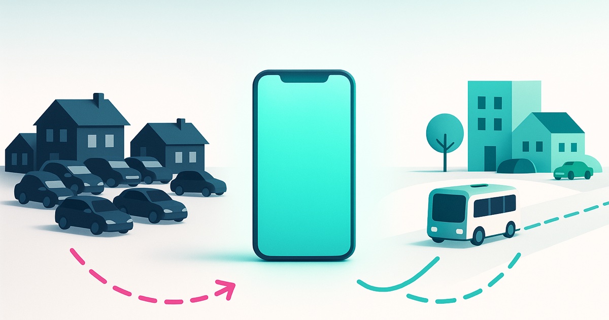 Illustration of houses surrounded by parked cars on the left, a teal smartphone in the middle, and open streets with a shuttle on the right.