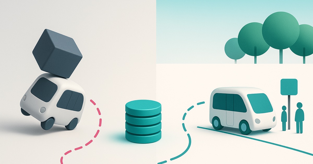 Illustration of a shuttle tipping under a heavy gray block on the left, a teal stack of coins in the middle, and a balanced shuttle program on the right.