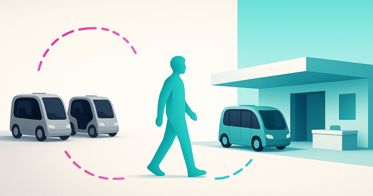Illustration of idle gray shuttles with empty driver seats on the left, a teal figure walking in the middle, and a running shuttle service at a hotel on the right.