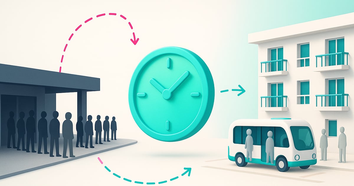 Illustration of a long line of people waiting under a gray covered entrance on the left, a large teal clock in the middle, and guests stepping aboard a white and teal electric shuttle outside a bright building with balconies on the right.