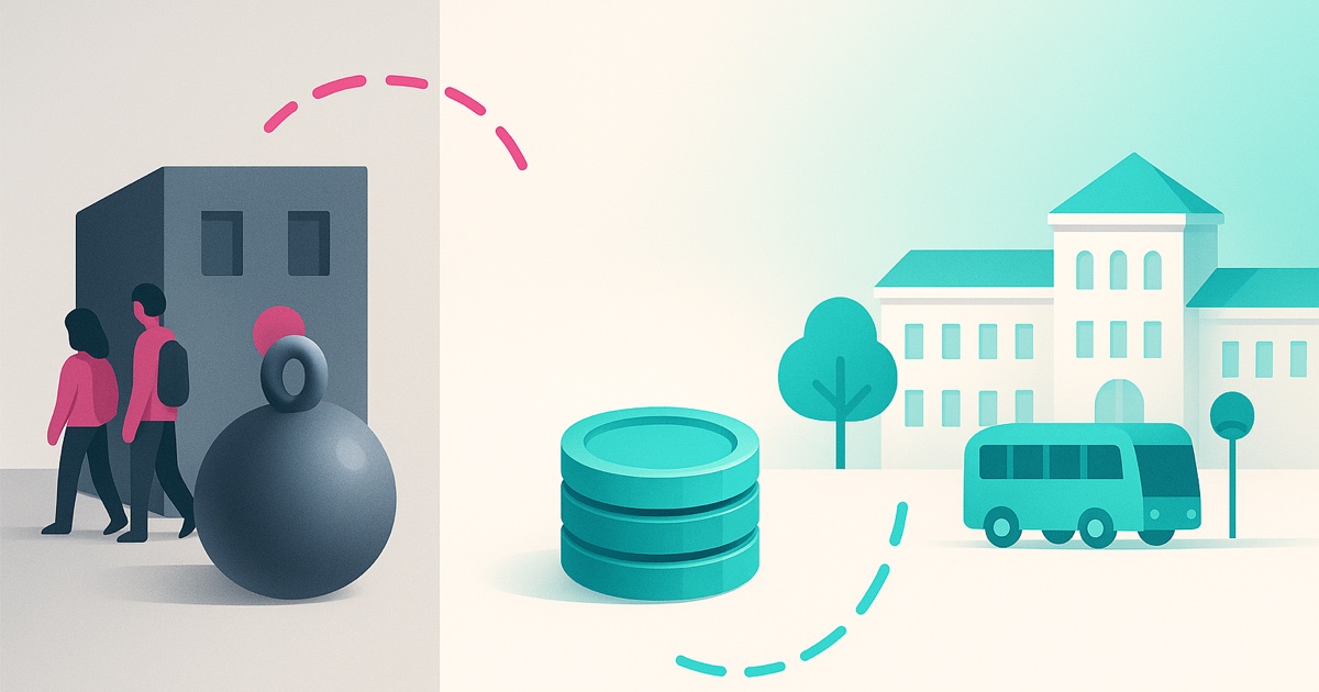 Illustration of a campus building weighed down by a heavy gray weight on the left, a teal stack of coins in the middle, and a campus shuttle at a stop on the right.