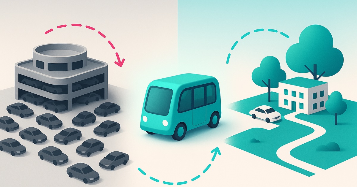 Illustration of an overfilled parking structure and rows of cars on the left and a campus with open green space and a teal shuttle on the right.