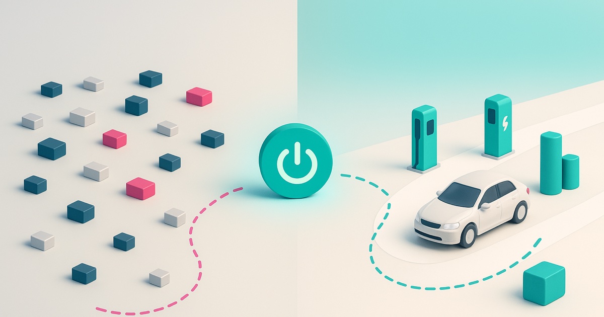 Illustration of scattered gray operator blocks on the left and a consolidated scene with charging posts and a vehicle on the right.