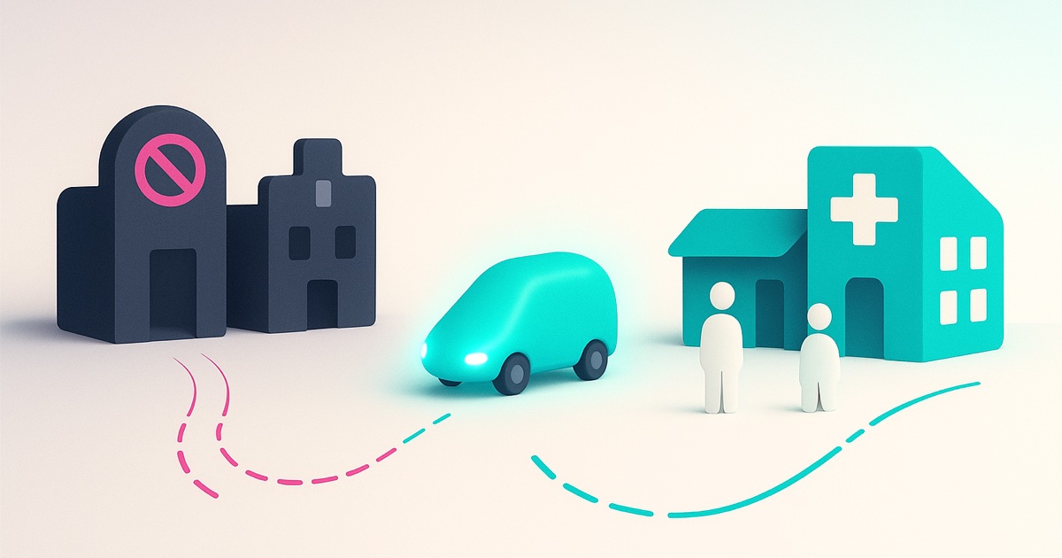 Illustration of dark buildings behind a no-entry sign on the left and a teal shuttle carrying residents to a clinic on the right.