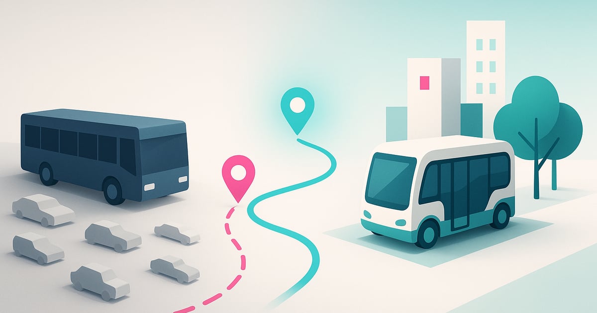 Illustration for Microtransit vs Traditional Public Transit: Where Each Model Wins in 2026: a muted gray scene on the left, a teal route line with map pins in the middle, and a bright scene with an electric shuttle at a stop on the right.