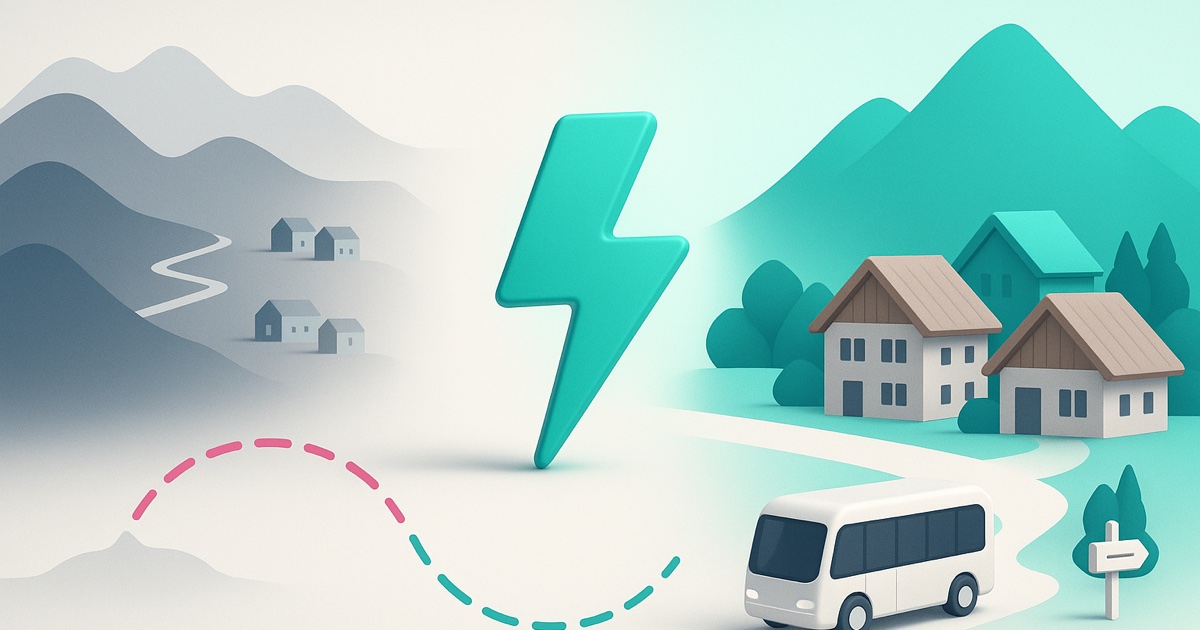 Illustration of gray mountain ridges with an isolated village on the left, a teal charging bolt in the middle, and a shuttle serving a bright mountain town on the right.