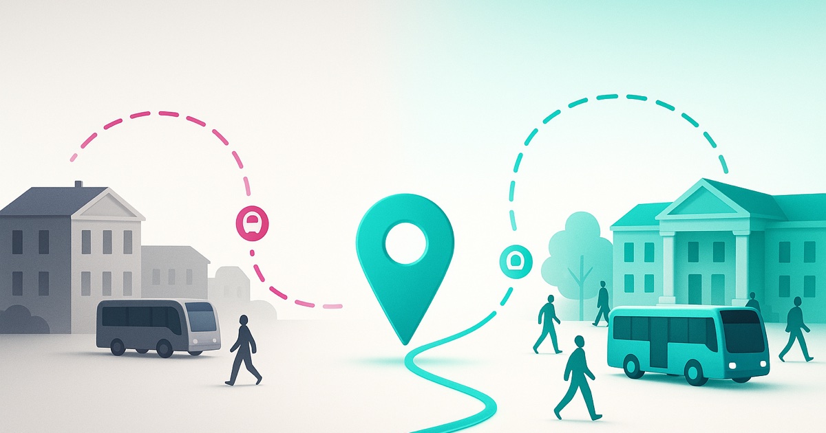 Illustration of a gray town and a college separated on the left and a shared teal bus route connecting both with riders on the right.