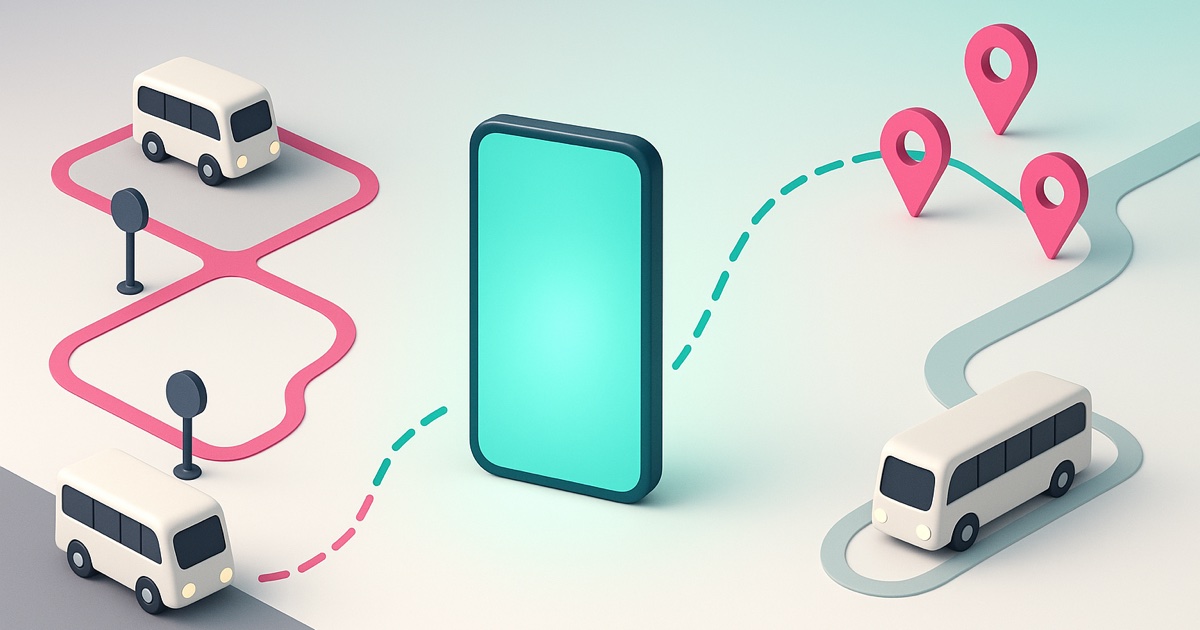 Illustration of a rigid pink route loop with empty buses on the left, a teal smartphone in the middle, and a flexible route with a bus on the right.