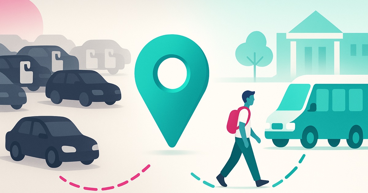 Illustration of a crowded student car park on the left and a student walking to a waiting teal campus shuttle on the right.