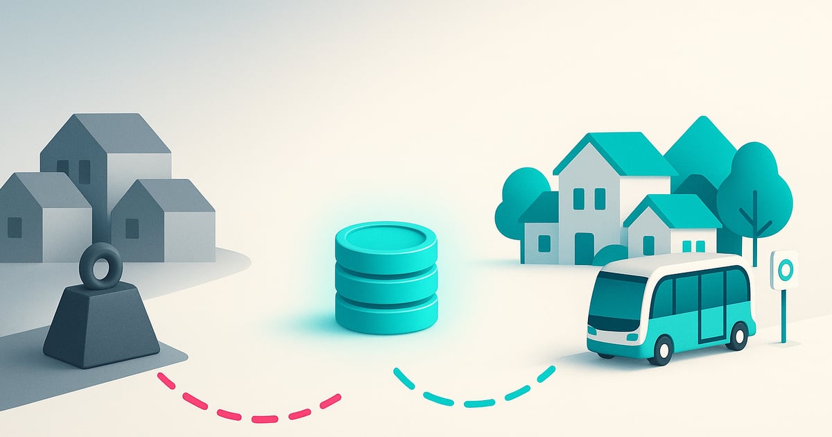 Illustration for Per-Ride vs Flat-Fee Transit Contracts: Which Saves More Over Five Years: a muted gray scene on the left, a teal stack of coins in the middle, and a bright scene with an electric shuttle at a stop on the right.