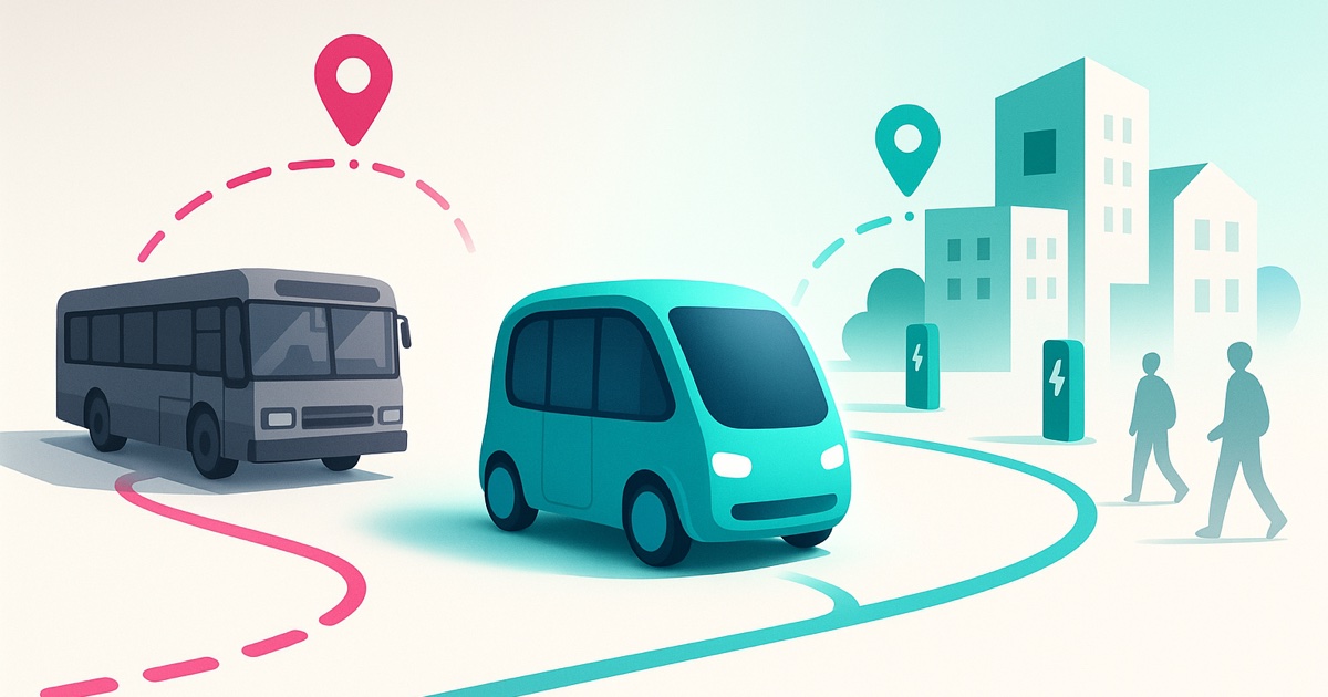 Illustration of an aging gray bus on the left, a compact teal electric shuttle in the middle, and a campus with charging posts and riders on the right.
