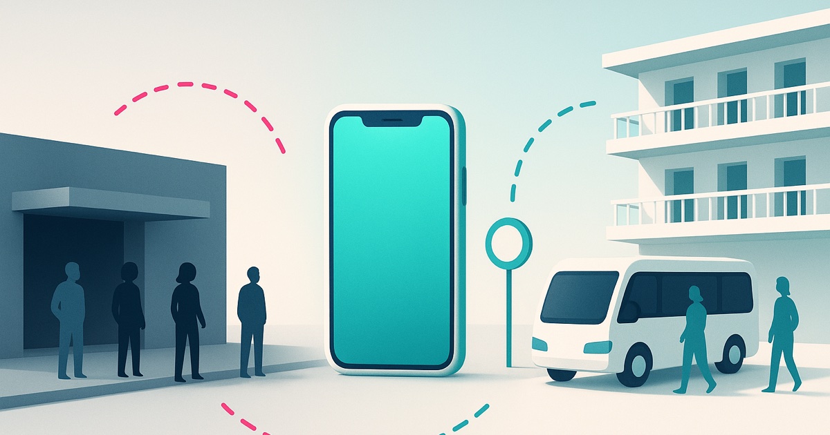 Illustration of guests waiting apart at a gray resort entrance on the left, a teal smartphone in the middle, and a shuttle serving a bright resort on the right.
