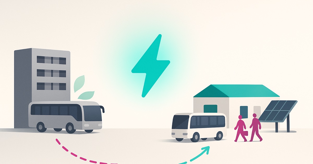 Illustration of a gray hotel with an old tour bus on the left and an eco lodge with an electric shuttle and solar panels on the right.
