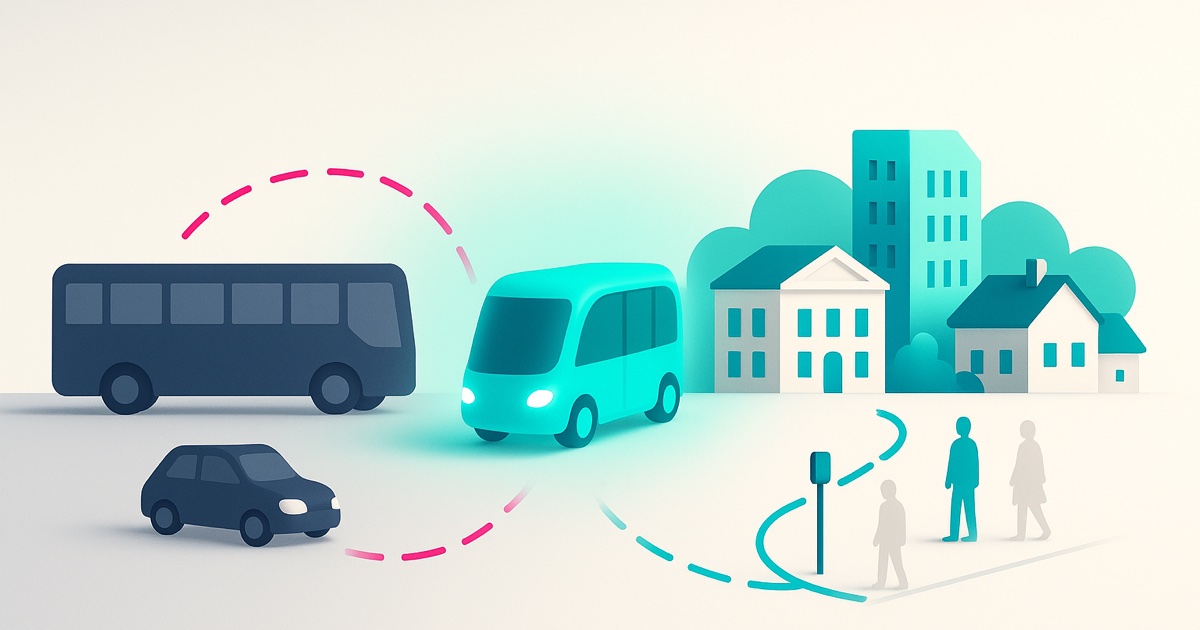 Illustration of an oversized empty bus and a single car on the left, a teal shuttle in the middle, and a neighborhood served by shuttles on the right.